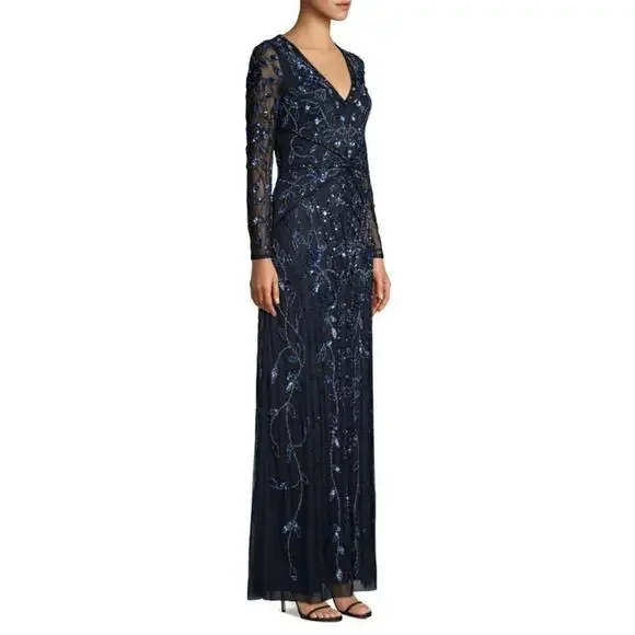 Aidan Mattox Sequined Beaded Long Sleeve Gown Navy Size 10 - Picture 4 of 15